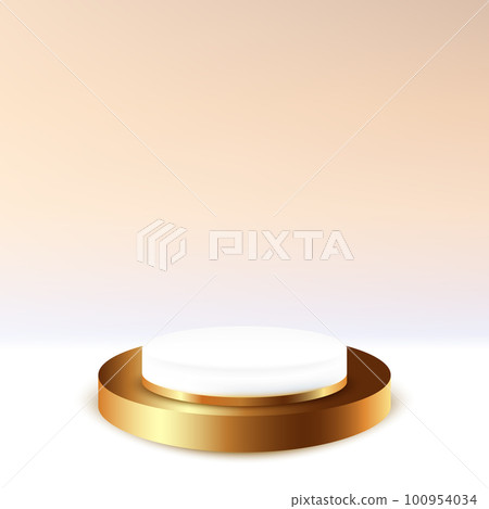 White and gold luxury geometric pedestal for product display or promotion. Vector abstract studio with 3d platform design. Minimal stage, showcase, advertising display. White and gold luxury geometric pedestal for product display or promotion. Vector abstract studio with 3d platform design. Minimal stage, showcase, advertising display. 100954034