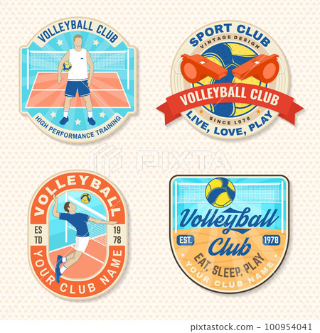Set of Volleyball club emblem, patch, sticker. Vector illustration. For college league sport club emblem, sign, logo. Vintage label, sticker, patch with volleyball ball, player silhouettes. Set of Volleyball club emblem, patch, sticker. Vector illustration. For college league sport club emblem, sign, logo. Vintage label, sticker, patch with volleyball ball, player silhouettes. 100954041