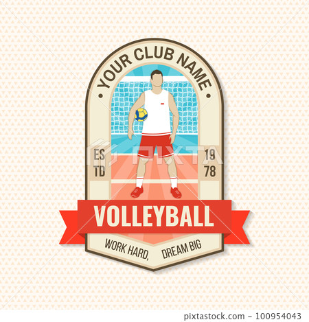 Volleyball club badge design. Vector illustration. For college league sport club emblem, sign, logo. Vintage monochrome label, sticker, patch with volleyball ball, player and net silhouettes. Volleyball club badge design. Vector illustration. For college league sport club emblem, sign, logo. Vintage monochrome label, sticker, patch with volleyball ball, player and net silhouettes. 100954043