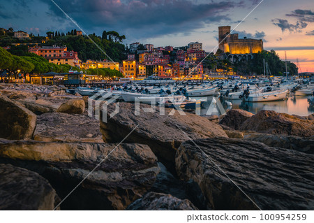Lerici view with harbor and castle on the cliff, Italy 100954259