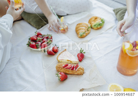 lanket with pillows and food on a wooden bridge. Bottle of strawberry and lemon smoothie lanket with pillows and food on a wooden bridge. Bottle of strawberry and lemon smoothie 100954687