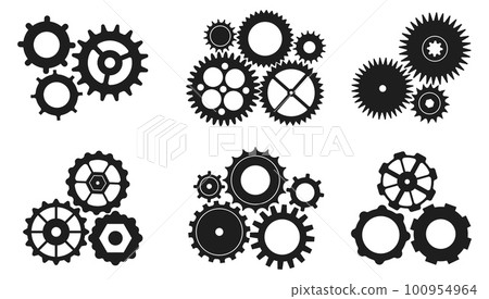 Techno gears compositions. Gear working, industry mechanic wheels process. Factory operation, corporate or team work metaphor. Decent vector cogwheel set 100954964