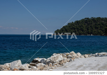 Marble beach and the sea, Thassos, Greece 100955327