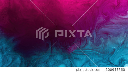 Fluid mix. Ink water. Paint swirl. Bright pink blue contrast color liquid blend curve wave pattern abstract art background with free space. 100955360