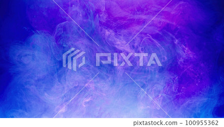Color smoke. Mist texture. Ink water flow. Sky haze. Neon purple blue vapor cloud blend wave abstract art background with free space. 100955362