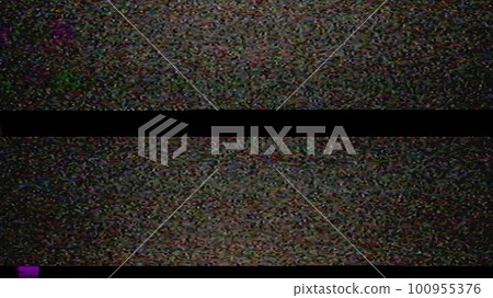 Grain noise. Analog glitch. Old TV static distortion. Color VHS defect texture electronic artifacts on dark retro abstract illustration background. Grain noise. Analog glitch. Old TV static distortion. Color VHS defect texture electronic artifacts on dark retro abstract illustration background. 100955376