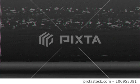 Analog glitch static noise. Signal interference. Black gray color VHS grain texture stripes dark abstract illustration background. 100955381