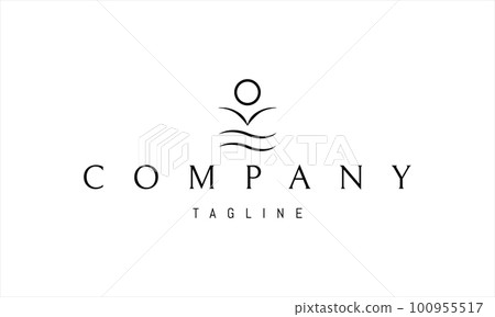 Vector logo with an abstract image of a flying seagull on a background of waves and sun. 100955517