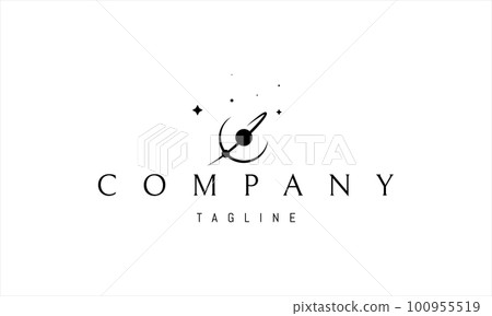 Vector logo with an abstract image of a vinyl music record in the form of a planet with an orbit. 100955519