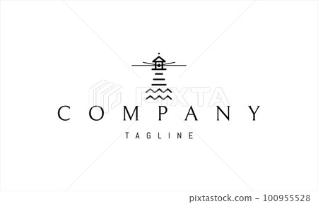 Vector logo with an abstract image of a lighthouse with rays of light and waves at the base. Vector logo with an abstract image of a lighthouse with rays of light and waves at the base. 100955528