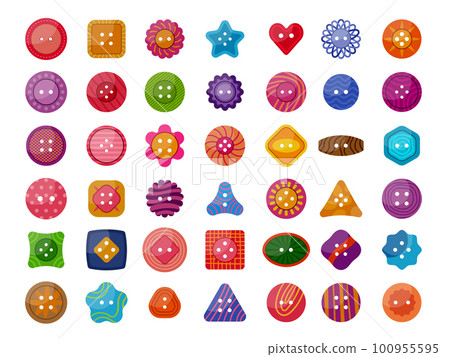 Tailor buttons. Fashioned clothes coloured buttons collection recent vector pictures set isolated on white Tailor buttons. Fashioned clothes coloured buttons collection recent vector pictures set isolated on white 100955595