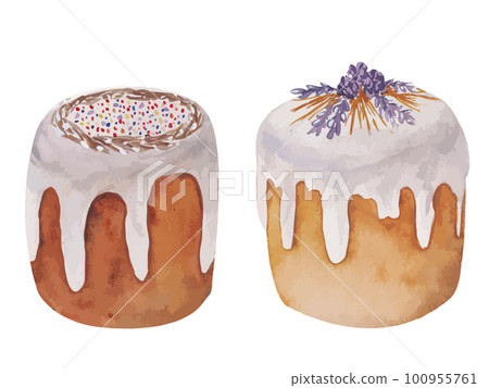 Easter glazed cake for spring holiday. Vector illustration with watercolor effect Easter glazed cake for spring holiday. Vector illustration with watercolor effect 100955761