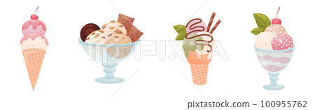 Tasty Ice Cream in Waffle Cone and Cup as Sweetened Frozen Food Vector Set Tasty Ice Cream in Waffle Cone and Cup as Sweetened Frozen Food Vector Set 100955762