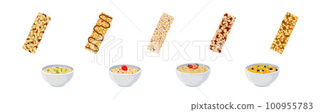 Bowls of Breakfast Cereal with Berries and Granola Bars Vector Set Bowls of Breakfast Cereal with Berries and Granola Bars Vector Set 100955783