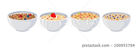 Bowls of Breakfast Cereal with Berries Vector Set 100955784