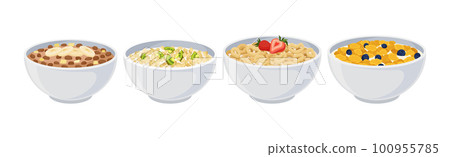 Bowls of Breakfast Cereal with Berries Vector Set 100955785