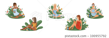 Female Using and Testing Natural Organic Cosmetic Products with Green Foliage Behind Vector Illustration Set 100955792