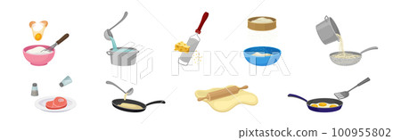 Cooking and Food Preparation Process with Kitchen Utensils and Ingredient Vector Set Cooking and Food Preparation Process with Kitchen Utensils and Ingredient Vector Set 100955802