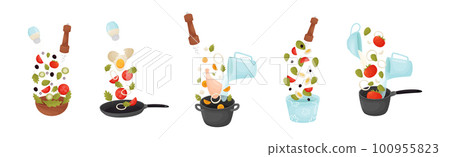 Food Preparation with Floating Ingredients for Cooking and Utensils Vector Set Food Preparation with Floating Ingredients for Cooking and Utensils Vector Set 100955823