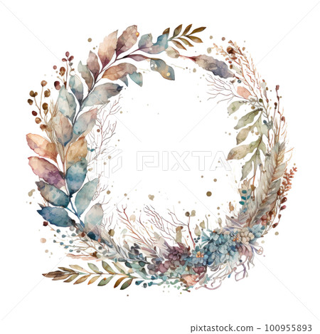 Boho Style Watercolor Wreath. Illustration AI Generative Boho Style Watercolor Wreath. Illustration AI Generative 100955893
