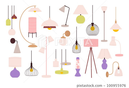 House lamps design, nightlight and ceiling lamp. Interior lights, home and office trendy electric chandelier. Modern vintage indoor racy vector decor House lamps design, nightlight and ceiling lamp. Interior lights, home and office trendy electric chandelier. Modern vintage indoor racy vector decor 100955976