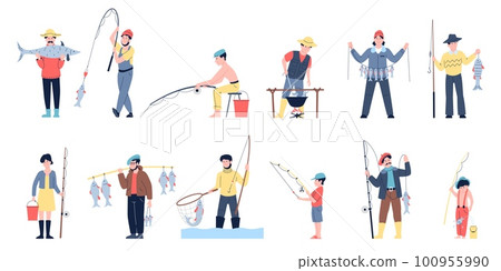 Fisherman cartoon set, action with rod and holding fish. Fishermen lake relax, summer outdoor hobby. Boy man recreation on nature recent vector characters 100955990