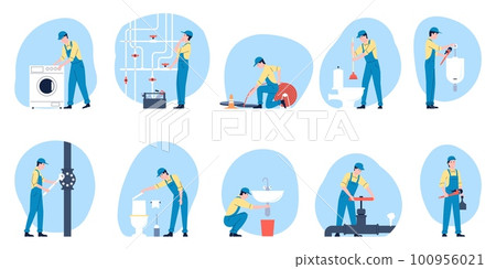 Plumbers working, repair pipes and toilet. Technician in bathroom, plumbing and construction. Handyman service, flat professionals recent vector characters Plumbers working, repair pipes and toilet. Technician in bathroom, plumbing and construction. Handyman service, flat professionals recent vector characters 100956021