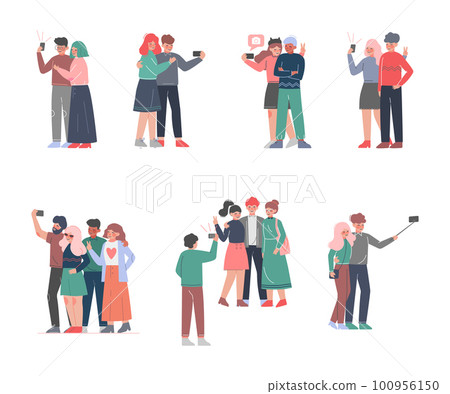 People Characters Taking Photos Selfie with Smartphone Vector Set 100956150
