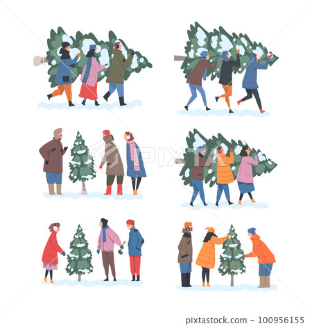 People Character with Fir Tree Preparing for New Year Holiday Carrying It Vector Set 100956155