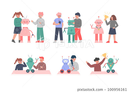 Cute Little Kid Programming and Creating Smart Robot Vector Set Cute Little Kid Programming and Creating Smart Robot Vector Set 100956161
