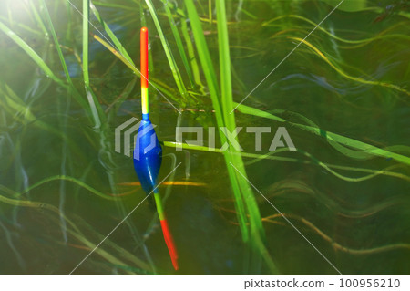 Fishing float in reflection in the water on the lake close-up 100956210