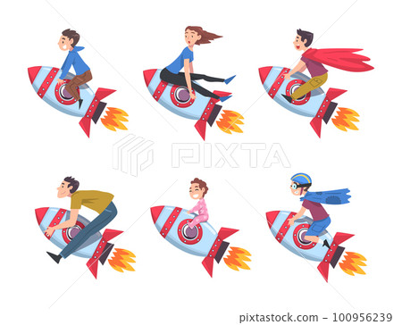 Man and Woman with Kids Flying on Space Rocket Moving Upward Vector Set Man and Woman with Kids Flying on Space Rocket Moving Upward Vector Set 100956239