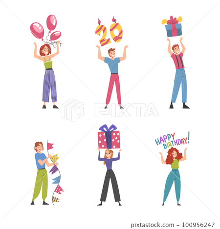 Man and Woman Celebrating Birthday Carrying Wrapped Gift Box, Garland and Balloons Vector Set Man and Woman Celebrating Birthday Carrying Wrapped Gift Box, Garland and Balloons Vector Set 100956247
