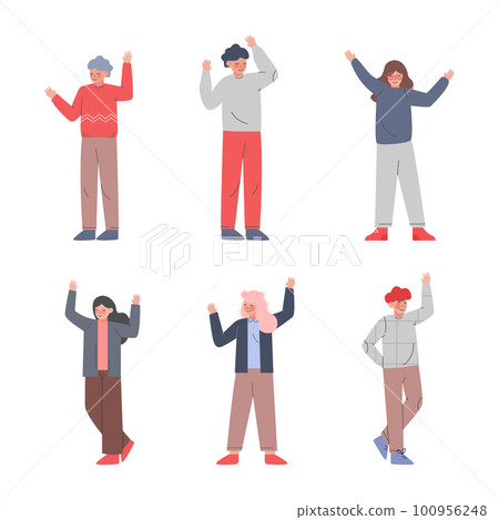 Excited Man and Woman with Raised Up Hands Cheering About Something Vector Set Excited Man and Woman with Raised Up Hands Cheering About Something Vector Set 100956248