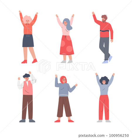 Excited Man and Woman with Raised Up Hands Cheering About Something Vector Set 100956250