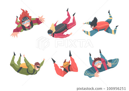 Young Man and Woman Paratrooper Free-falling in the Air with Parachute Vector Set 100956251