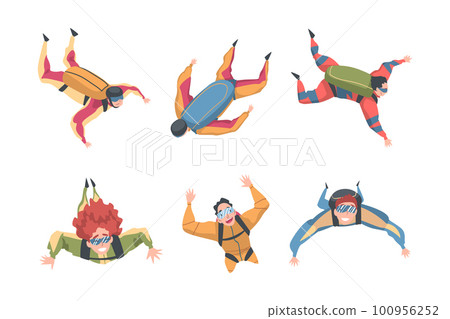 Young Man and Woman Paratrooper Free-falling in the Air with Parachute Vector Set Young Man and Woman Paratrooper Free-falling in the Air with Parachute Vector Set 100956252