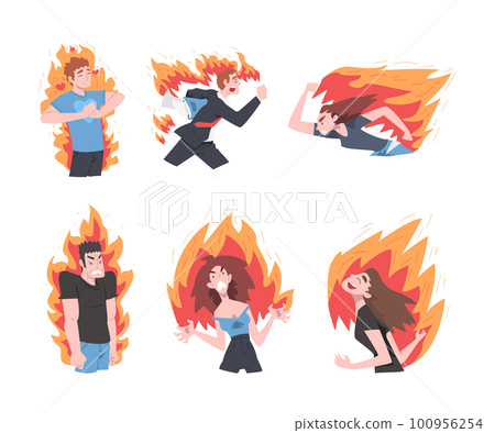 Burning Man and Woman Character Feeling Anger and anguish Vector Set 100956254