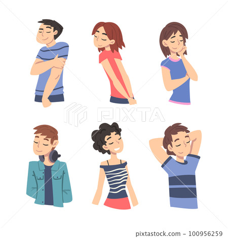 Smiling Man and Woman Character Looking at Someone Demonstrating Attention Vector Set Smiling Man and Woman Character Looking at Someone Demonstrating Attention Vector Set 100956259