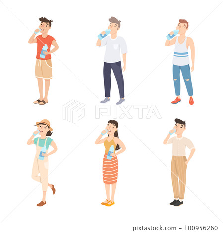 Young Man and Woman Standing and Drinking Pure Still Water from Plastic Bottle Quenching Thirst Vector Set Young Man and Woman Standing and Drinking Pure Still Water from Plastic Bottle Quenching Thirst Vector Set 100956260