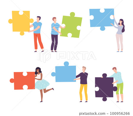 Young Man and Woman with Huge Jigsaw Puzzle Vector Set Young Man and Woman with Huge Jigsaw Puzzle Vector Set 100956266