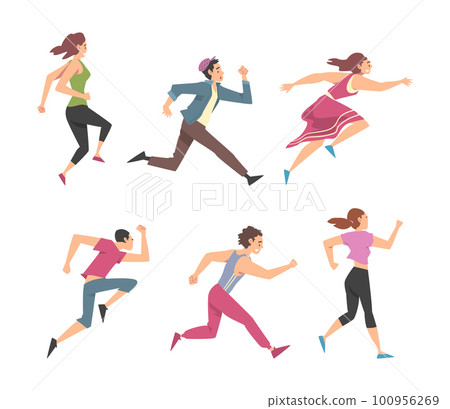 Man and Woman Character Running in a Hurry and Hasten Somewhere Vector Set 100956269