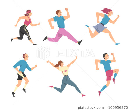 Man and Woman Character Running in a Hurry and Hasten Somewhere Vector Set 100956270