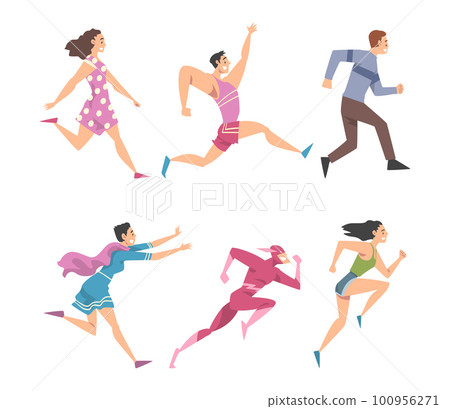 Man and Woman Character Running in a Hurry and Hasten Somewhere Vector Set 100956271