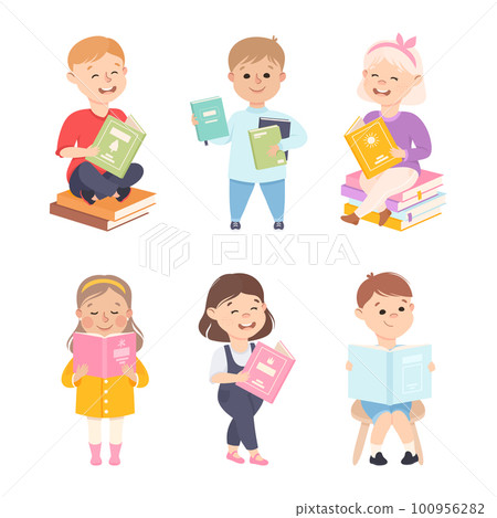 Little Boy and Girl Enjoying Reading Book and Fiction Story Vector Set 100956282