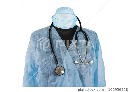 Healthcare and medicine concept. Mannequin, medical gown, medical mask isolated on white background Healthcare and medicine concept. Mannequin, medical gown, medical mask isolated on white background 100956328