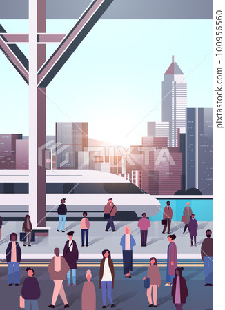 multiethnic people group standing on railway station mix race men women waiting train on platform public transport concept 100956560