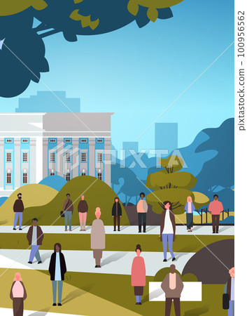 multiethnic people group walking outdoor mix race men women citizens crowd going along city street cityscape background multiethnic people group walking outdoor mix race men women citizens crowd going along city street cityscape background 100956562