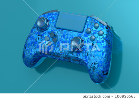 Realistic video game joystick with mosaic seamless pattern on blue background. 3D render of streaming gear for cloud gaming and gamer workspace concept Realistic video game joystick with mosaic seamless pattern on blue background. 3D render of streaming gear for cloud gaming and gamer workspace concept 100956563
