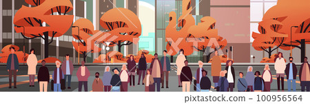 multiethnic people group walking outdoor mix race men women citizens crowd going along city street cityscape background 100956564